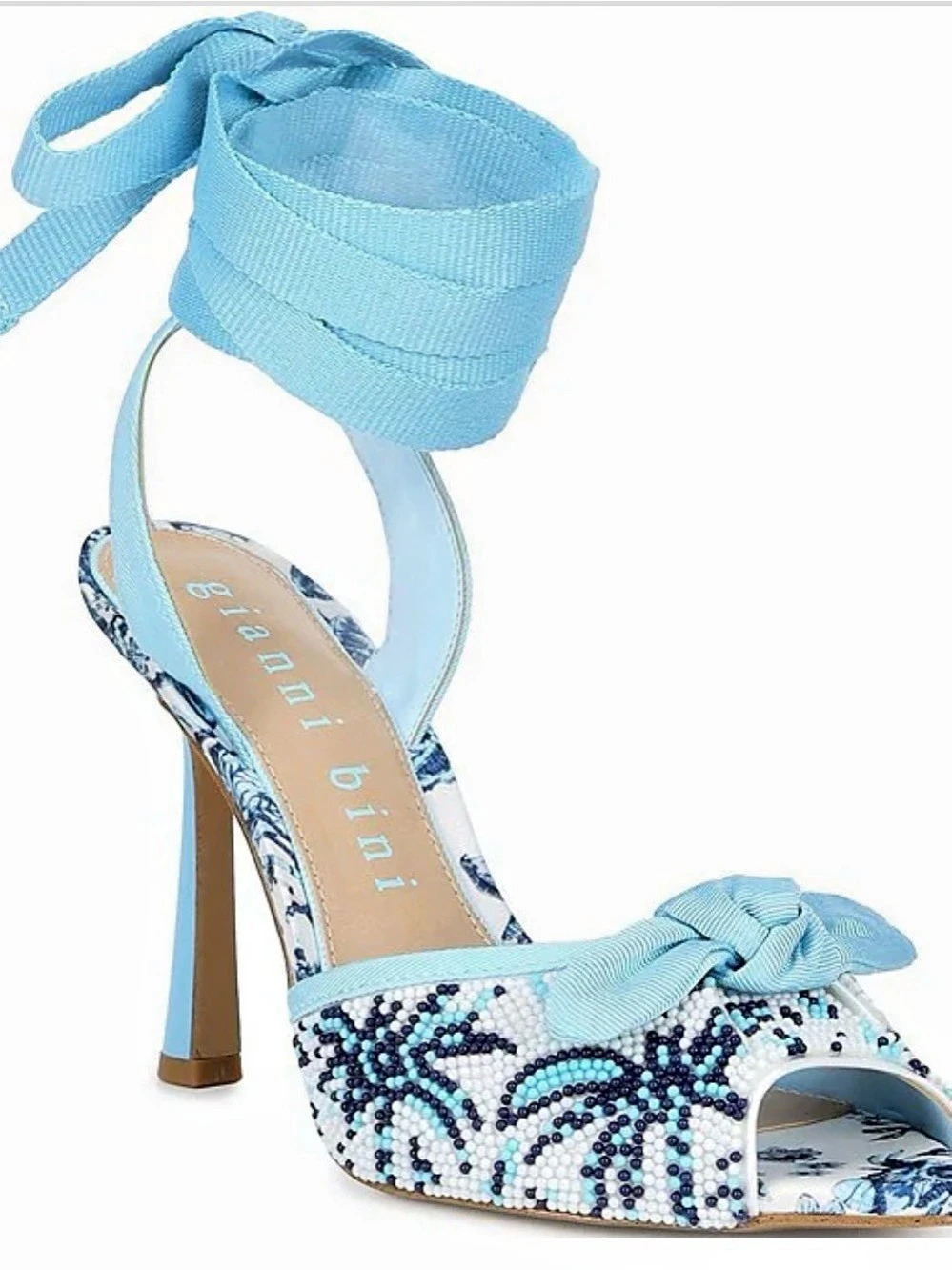 Gianni Bini Gardner Three Beaded Lace Up Dress Sandals Blue & White US 9M